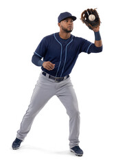 Professional athlete in uniform standing and catching a baseball in navy uniform