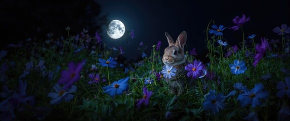 Fototapeta premium Full moon illuminating a nighttime cosmos flower garden
