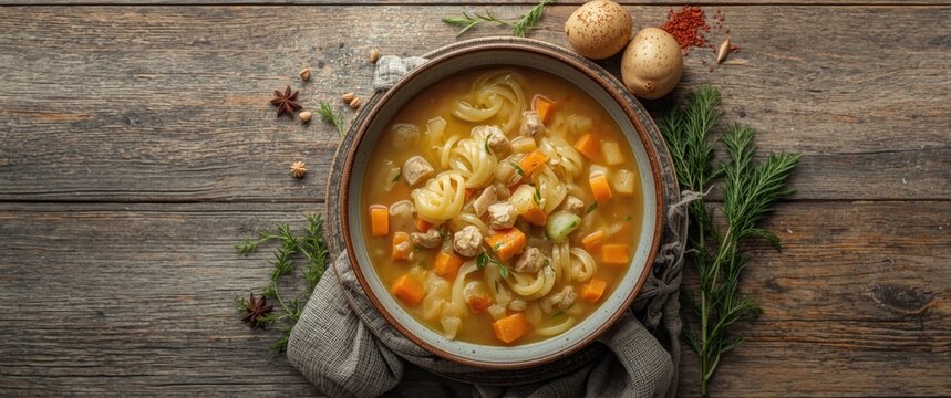 Bowl of tuna noodles fish soup with room for text overlay