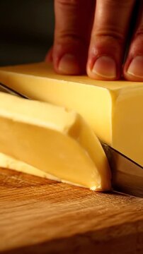 Cinematic close-up of a sharp knife slicing into a large block of yellow butter or margarine on a rustic wooden cutting board, vertical format video.