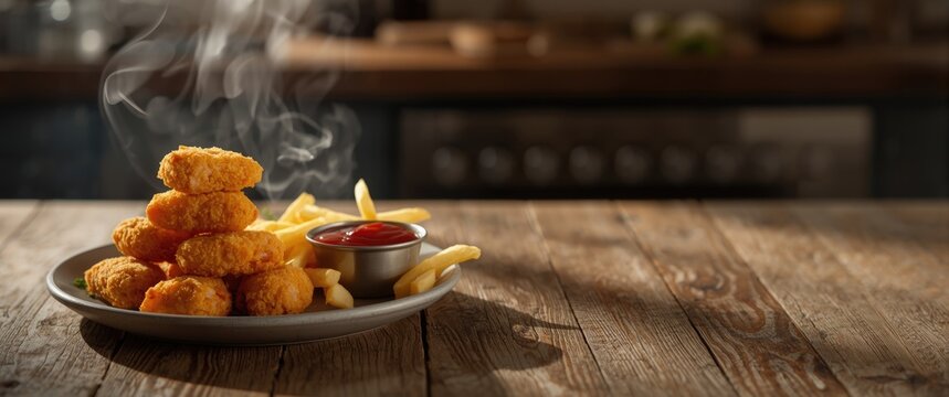 Plate of chicken nuggets with fries on a table, prepared food for consumption