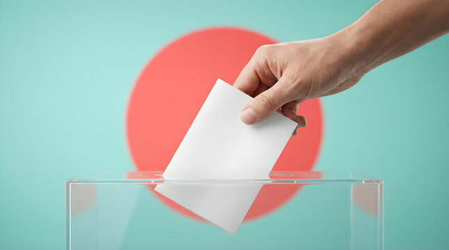 Hand placing vote ballot in red and white election box with transparent slot on teal background