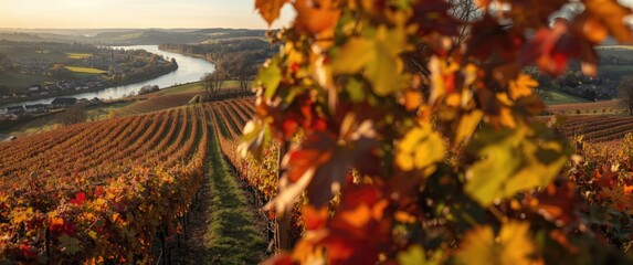 Obraz premium Autumn Scenic Panorama Showing Colorful Vineyards, Grapes, and River in a Vibrant Landscape with Red Wine and Hiking Path