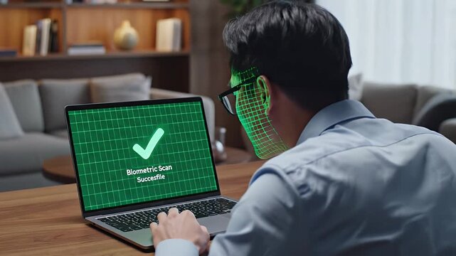 Man uses secure digital passport with biometric authentication - A man uses a secure digital passport service on his laptop at home, undergoing biometric authentication.