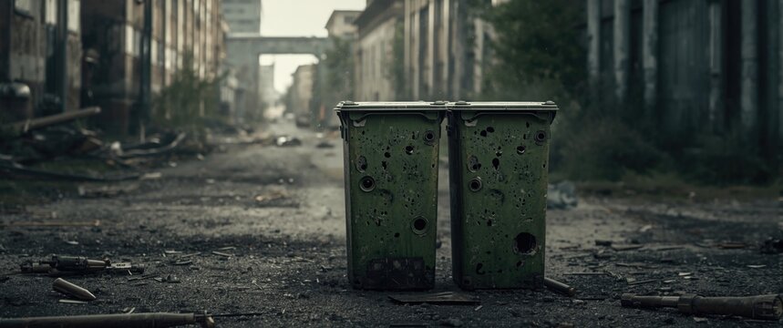Bins showing bullet holes in a black and white photograph