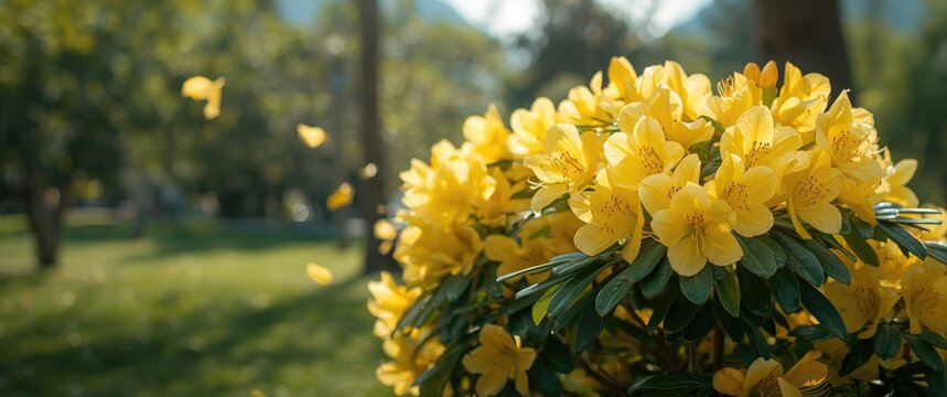 Blooming Yellow azalea branch in the yard during springtime at the botanical garden
