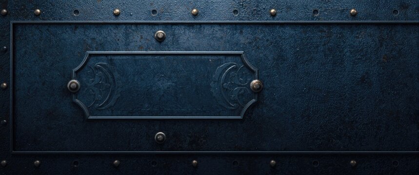 Toned in classic blue, dark molded embossed metal industrial background, banner design