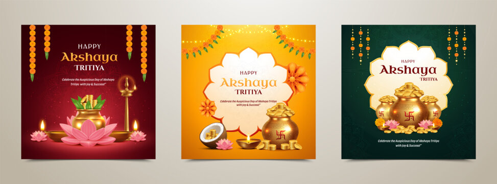Vibrant Akshaya Tritiya festival greeting card designs with golden pots