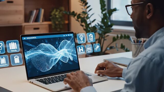 AI-Powered Digital Insurance Services on Laptop - A man is shown working on a laptop that displays an AI-powered digital insurance services concept.