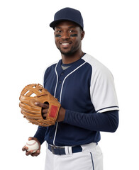Smiling Black baseball player holding a ball and wearing a baseball glove, isolated