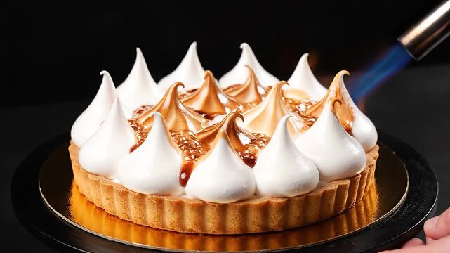 Close-up shot of a pastry chef using a culinary blowtorch to carefully brown and caramelize the delicate Italian meringue peaks on a freshly baked lem