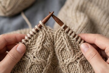 Two hands hold knitting needles as they create a texture with beige yarn. The setting is indoors with natural light. Yarn is nearby, indicating ongoing work