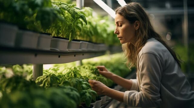 A dedicated female farmer carefully examines vibrant green basil plants growing in a sophisticated hydroponic indoor farm.