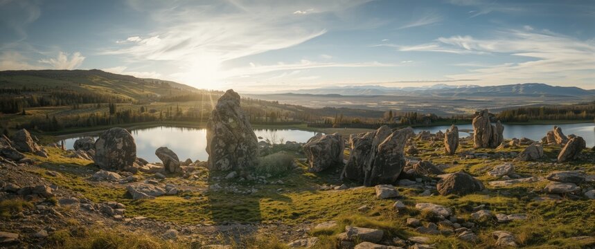 Mountain resort in Belokurikha featuring fanciful rocks in Altai region with water, sky, summer, travel, nature, grass, landscape, road, snow, forest