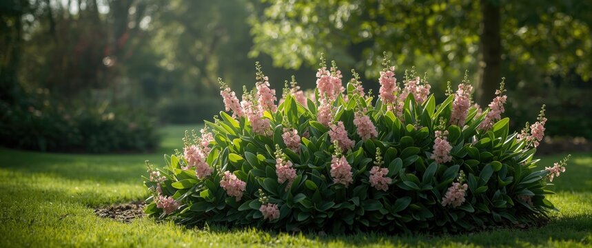 Stunning garden with lush green leaves and colorful flowers, including pink blossoms, in the summer and spring seasons in Canada