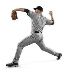 Back view of baseball pitcher in gray uniform throwing a fast ball on isolated background