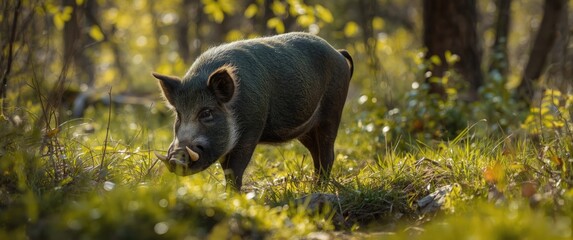 Fototapeta premium Boar in the wild: natural habitat, wild pig, forest, grass, spring, light, animal, green, woodland