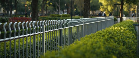 Obraz premium Neat metal fencing alongside shrubs in a city park