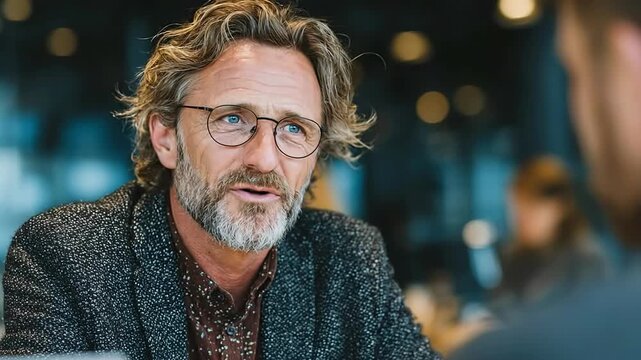 Charismatic mature man with wavy gray hair, beard, round glasses, and textured jacket smiles warmly in blurred bokeh background, exuding wisdom and approachability