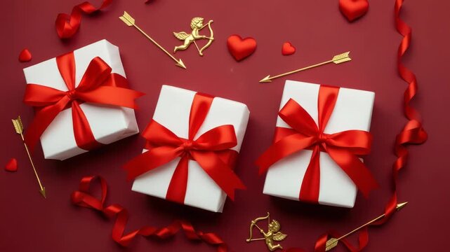 Valentines day gifts with red ribbons and bows on red background with hearts and arrows