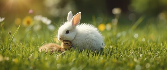Fototapeta premium Close friends: rabbit and duckling