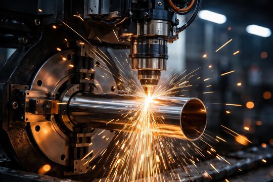 Detailed fiber laser machine cutting stainless steel tube emitting radiant spark light