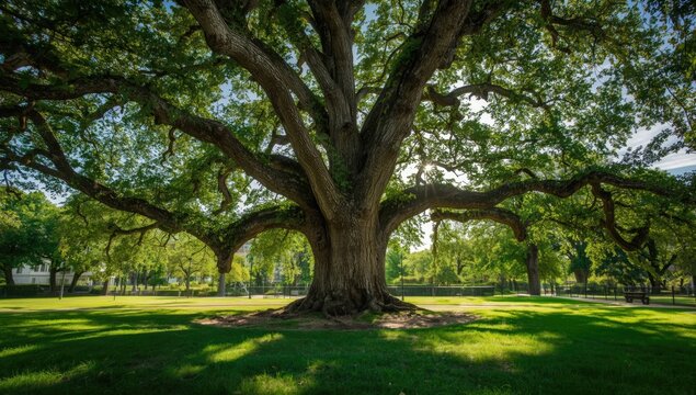 Large green plant leaves on the trunk tree in the park, focusing on seasonal foliage growth for environmental awareness