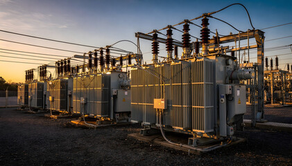 Power Grid at Sunset: Industrial Infrastructure for Energy Distribution, Electrical Substations, and High-Voltage Transformers in Commercial Photography
