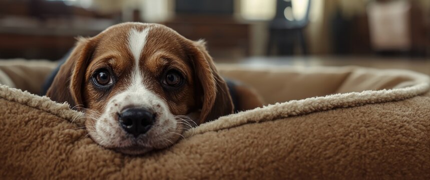 Typical health issues in puppies such as a sick beagle lying on a dog bed at home