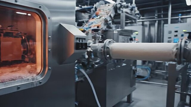 Chemical Recycling Plant Depolymerization Process - Medium shot of a chemical recycling plant, showing the depolymerization process inside a reactor breaking down plastic polymers.