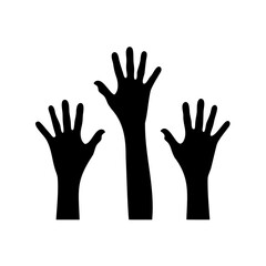 Fototapeta premium Three black silhouetted hands raised in air on white background