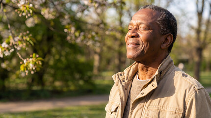 Happy senior Black man enjoying the sun in a spring park. Elderly African American male breathing fresh air with eyes closed outdoors. Nature and wellness concept