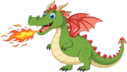 Obraz premium Cute green cartoon dragon breathing fire with wings for fantasy fairy tale and mythical creature illustration design
