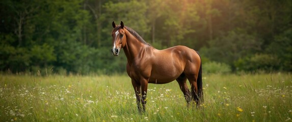 Fototapeta premium Portrait of a brown horse in a spring meadow surrounded by flowers, grass, and natural landscape elements