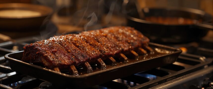 Cast iron tray with dry rub pork ribs baked and resting on the stove top