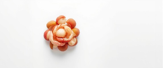 Unpeeled and peeled Lychee fruits arranged on white background, sweet and ripe tropical ingredient