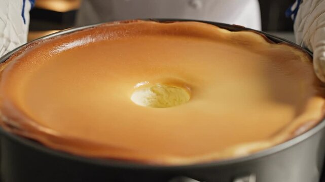 Professional Baker Wearing Oven Mitts Carefully Removes Golden Cheesecake in Springform Pan from Hot Commercial Oven in a Bakery Kitchen.