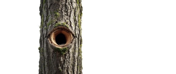 Fototapeta premium Wooden ash tree trunk with a natural nest hole against a white background, isolated, nature, old, grain, wildlife, white background texture