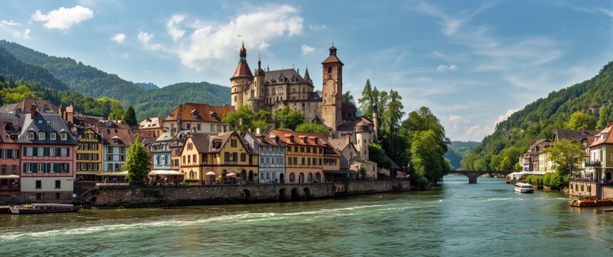 Cochem cityscape with vibrant houses and Reichsburg Cochem castle along the Moselle River in Rheinland-Pfalz, Germany