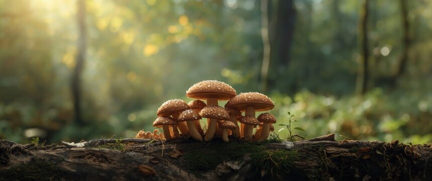 Organic wild shiitake mushrooms in various sizes, macro photograph showcasing natural beauty