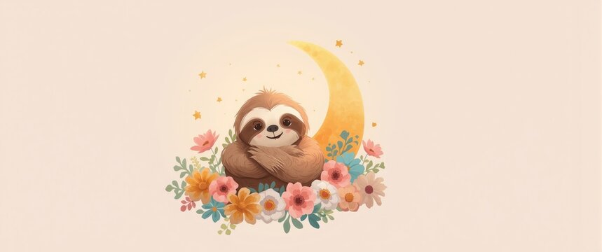 Charming tiny sloth figurine featuring flowers and the moon