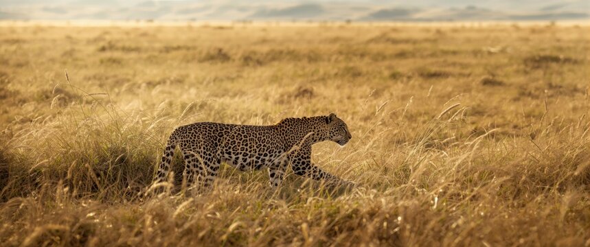 Masai Mara, Kenya: Leopard (Panthera pardus) ambushes in tall grass