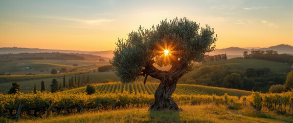 Obraz premium Autumn landscape in Maremma, Tuscany featuring Bolgheri vineyards and olive trees at sunset with trees as a frame