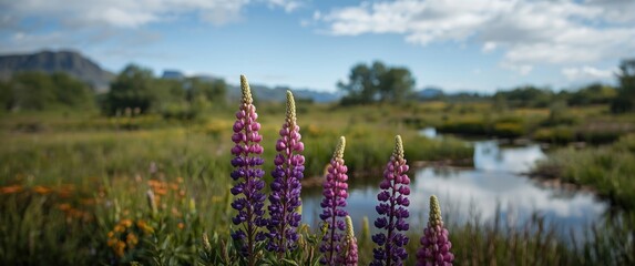Obraz premium Peat Bog with Lupines Outside Ushuaia in Tierra del Fuego, Argentina
