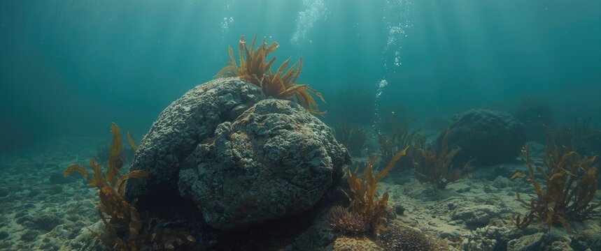 Dying brown kelp on underwater rock potentially grazed by Evechinus chloroticus sea urchin