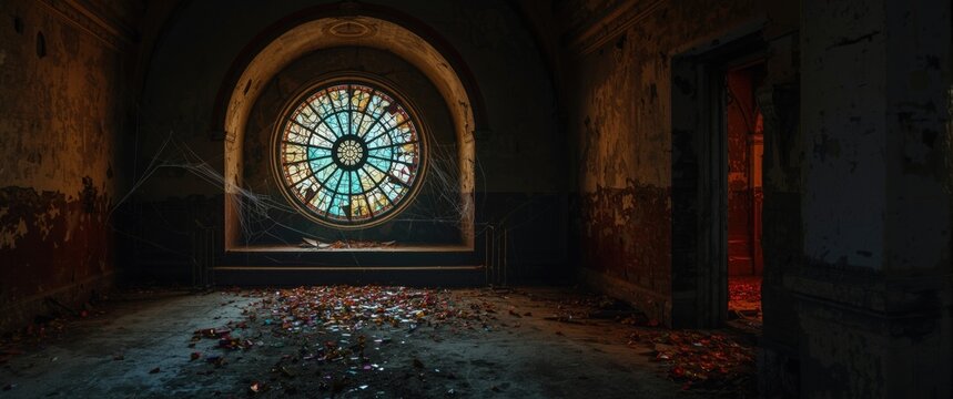 Stained glass window in an abandoned church, shattered and round