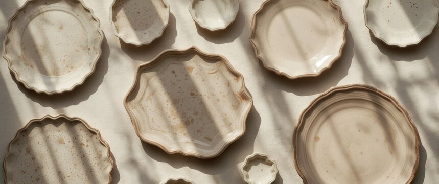 Assorted sizes and shapes of plates on a sunlit table with shadows. Neutral still life, web banner. Food and craft concept. Scalloped pottery and ceramics. Flat lay, top view