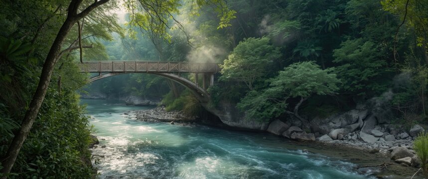 Summer travel concept featuring a wooden bridge pathway over wild river with lush vegetation in Tayrona, Colombia wilderness