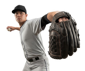Asian baseball player in gray uniform throwing a baseball pitch on isolated background