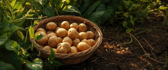 Naklejka premium Ground-Level View of Fresh Potatoes in Wooden Wicker Basket